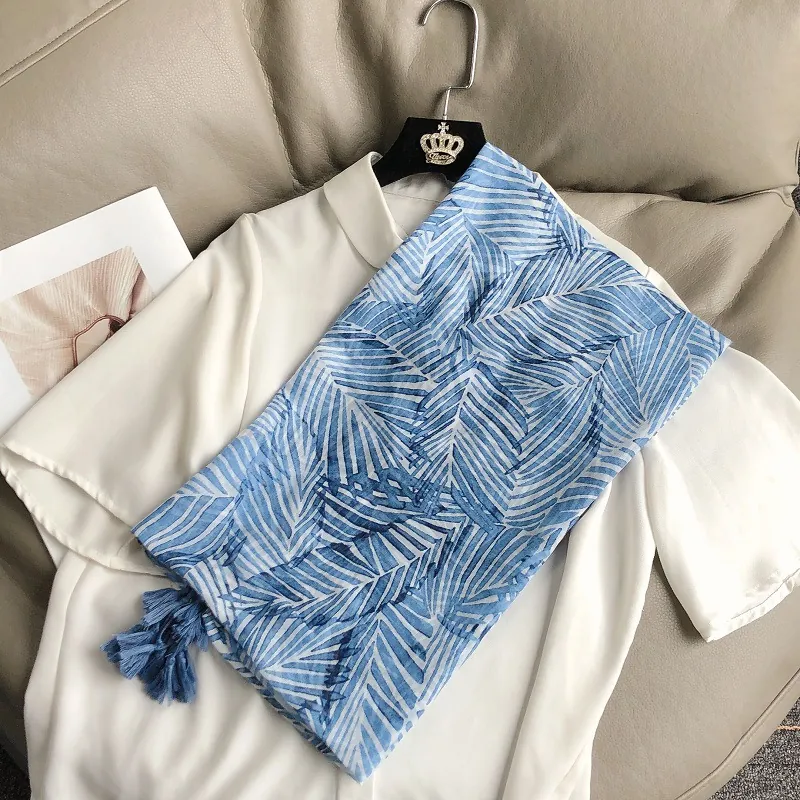Écharpe Femme Bohème Imprimé Feuilles de Bananier Tropical Châle Protection Solaire Avec Glands Voile Léger Foulard de Plage