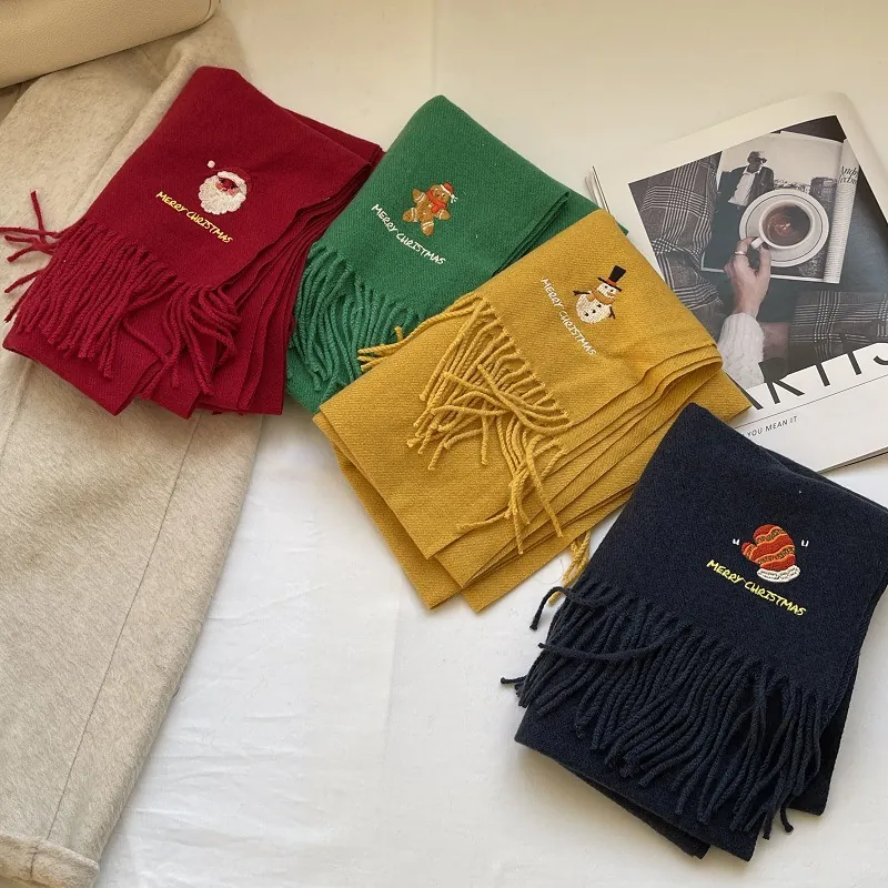 Women Winter Warm Knitted Christmas Scarf With Tassel Merry Christmas Embroidery Santa Snowman Soft Polyester Scarf Gift
