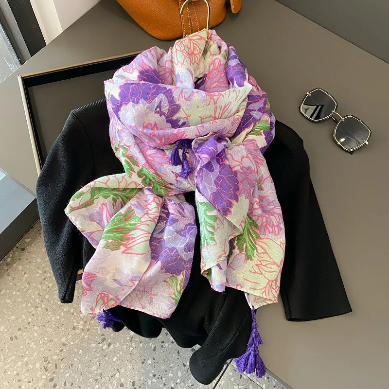 Damen Blumenmuster Schal Mit Quasten Weich Polyester Sonnenschutz Strandtuch Für Urlaub Große Elegante Mode Halstuch