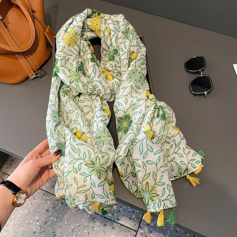 Sciarpa da Donna in Misto Cotone e Lino con Stampa Floreale Scialle con Nappine per Spiaggia Protezione Solare Estate Accessori