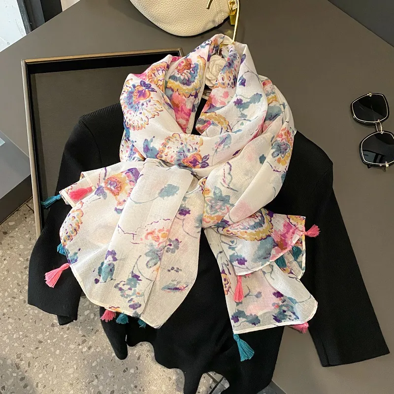Écharpe Femme Rétro Ethnique Bohème Imprimé Floral Châle Fin avec Glands Sensation Coton Lin Grand Wrap pour Voyage Plage Décoratif