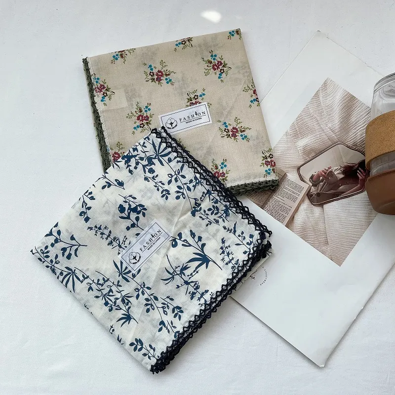 Vintage Floral Cotton Square Scarf For Women With Crochet Lace Trim Sweet Botanical Print Neck Scarf Fashion Hair Band Scarf