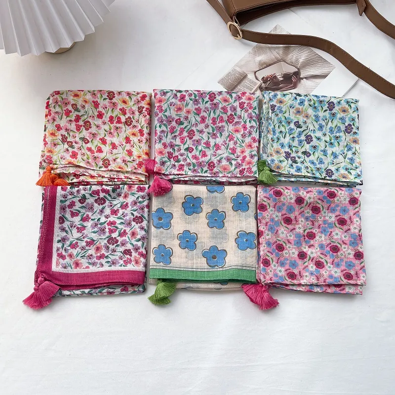 Floral Print Square Scarf Women Tassel Decor Cotton Blend Lightweight Neckerchief Elegant Fashion Daily Scarf Headscarf