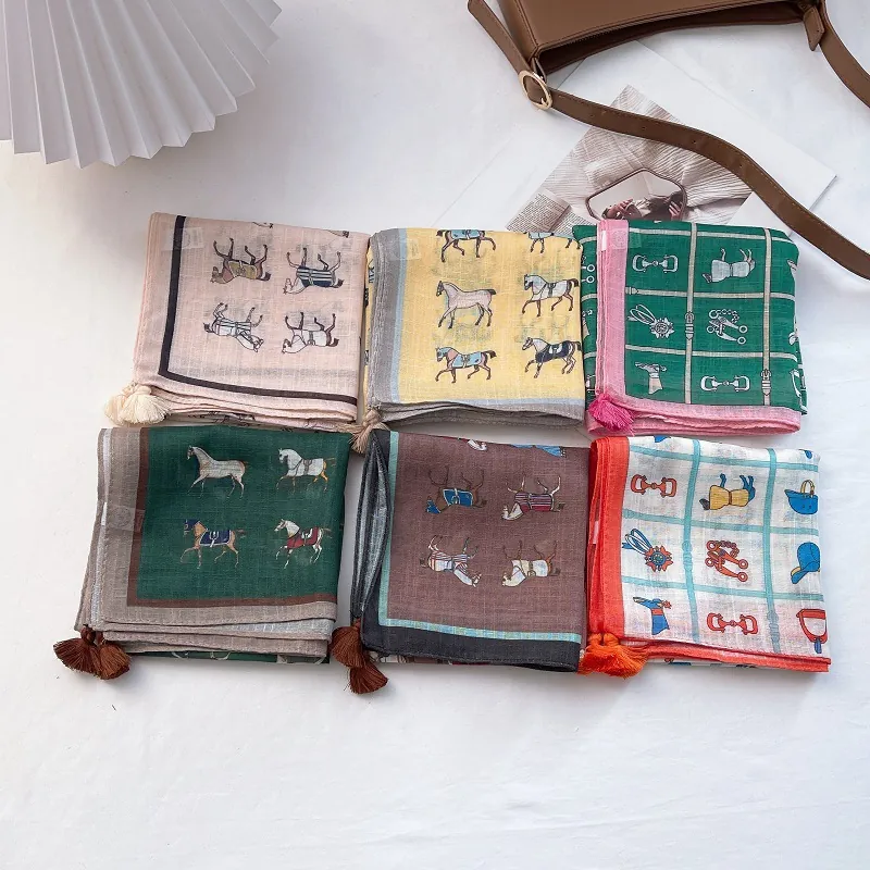 Vintage Equestrian Horse Print Square Scarf For Women Satin Feel Neck Scarf With Tassels Fashion Headwrap Handkerchief