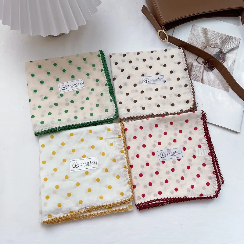 Vintage Cotton Polka Dot Square Scarf Bohemian Bandana With Crochet Lace Trim For Women Hair Accessories Neck Wrap