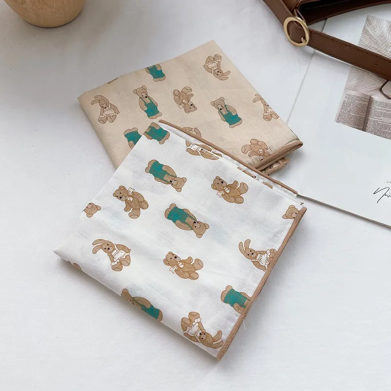 Petit Carré En Coton Pour Femmes Style Japonais Imprimé Ours Lapin Dessin Animé Foulard Doux Polyvalent Mince