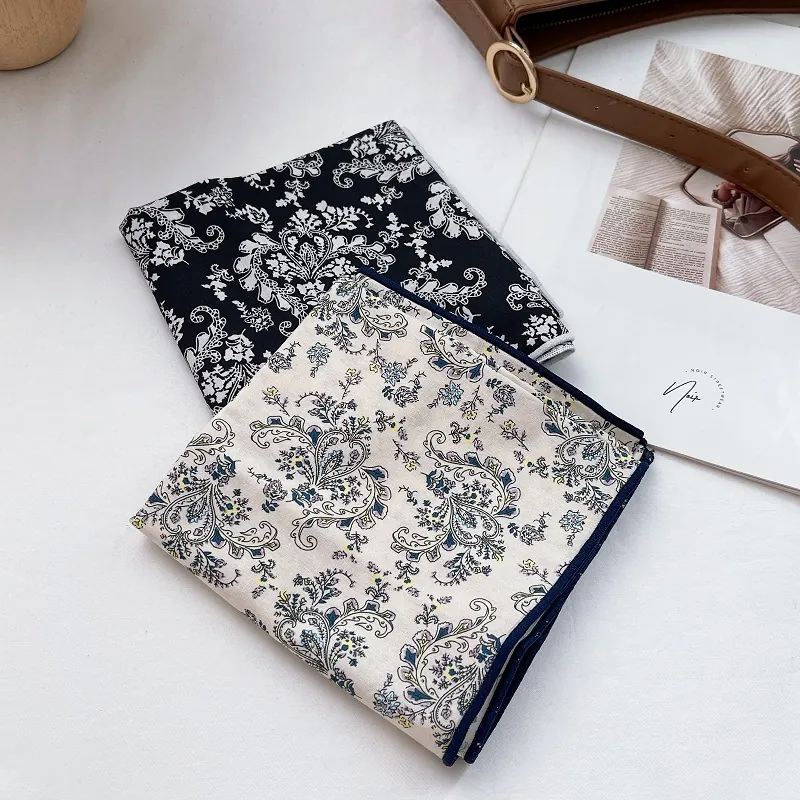 Women Cotton Paisley Floral Square Scarf Japanese Retro Small Neckerchief Lightweight Thin Headscarf Fashion Hair Accessory