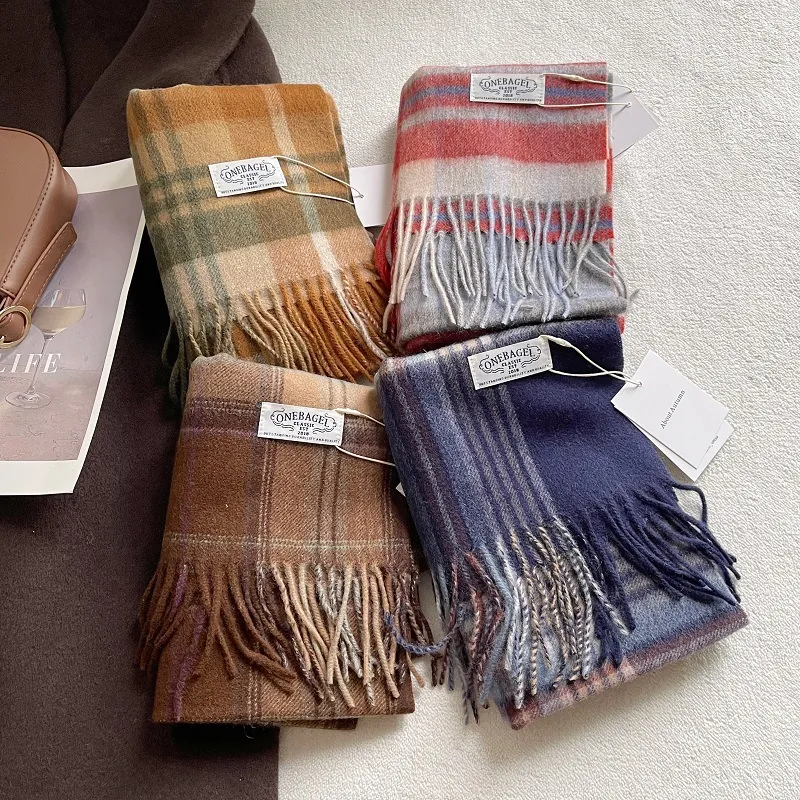 British Vintage Plaid Wool Scarf For Women Soft Warm Winter Tassel Shawl Wrap Elegant Grid Pattern Neck Scarf Autumn Winter Accessory