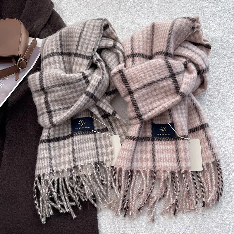 Korean Style Wool Blend Checkered Scarf With Tassels For Men Women Autumn Winter Warm Long Plaid Shawl Wrap