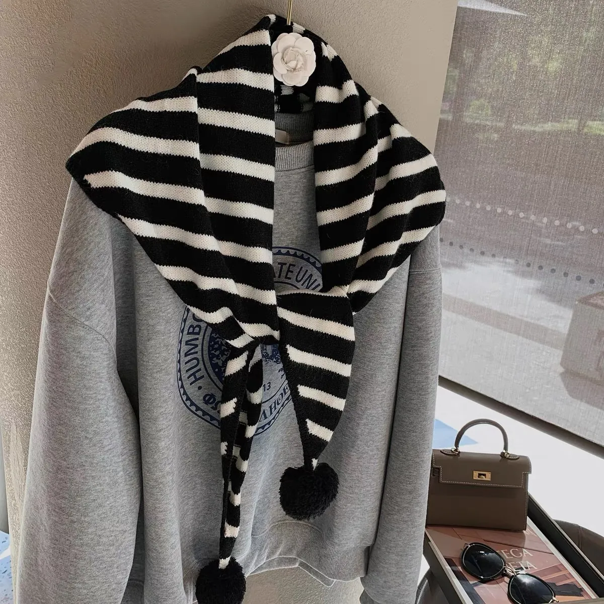 Striped Knit Shawl Triangle Scarf With Pom-poms Soft Warm Neck Wrap For Women Casual Preppy Style Winter Autumn Accessories