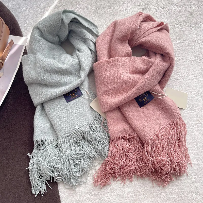 Sciarpa Invernale da Donna a Tinta Unita Sciarpa Spessa Effetto Cashmere Con Nappine Avvolgente Moda Morbida Maglia Calda