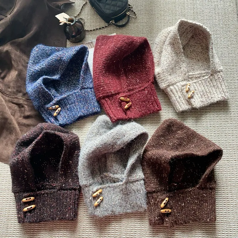 Cagoule Vintage en Mélange de Laine pour Femmes Avec Boucle en Corne Écharpe à Capuche Chaude Cache-Col Bonnets d'Hiver Extérieur