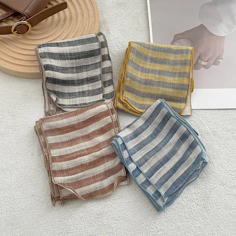 Artistic 100% Linen Striped Skinny Scarf For Women Japanese Style Thin Neck Tie Fashion Retro Neck Wrap Everyday Scarf
