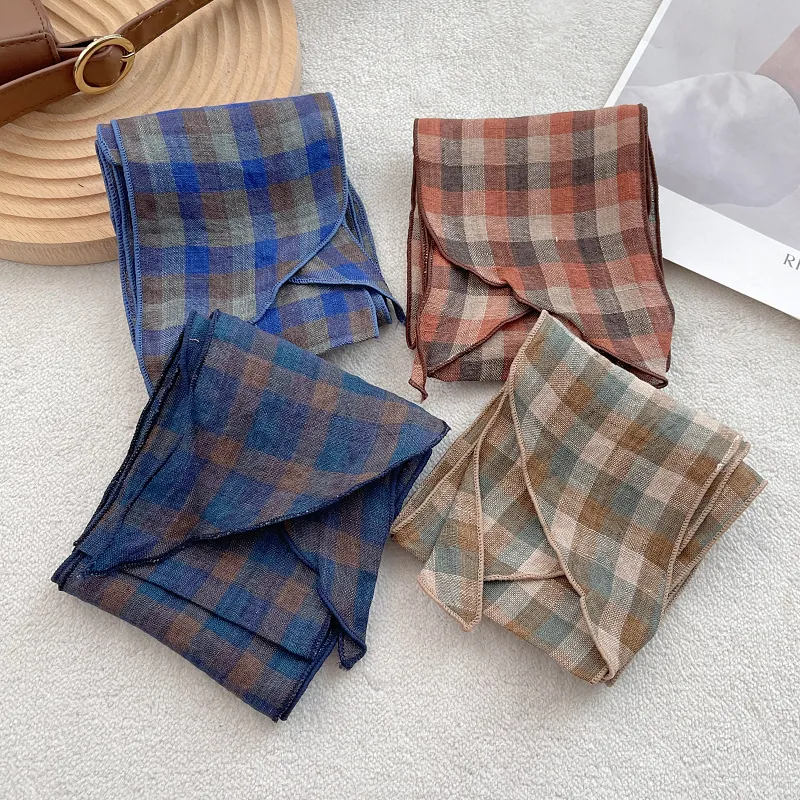 Vintage Pure Linen Checkered Narrow Neck Scarf For Women Breathable Grid Pattern Hair Tie Lightweight Skinny Headband