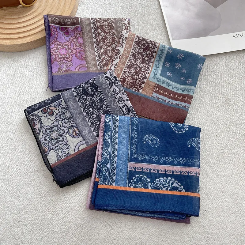 Vintage Paisley Floral Printed Cotton Square Scarf For Women Literary Satin Silk Like Headscarf Neck Handbag Wrap Scarf