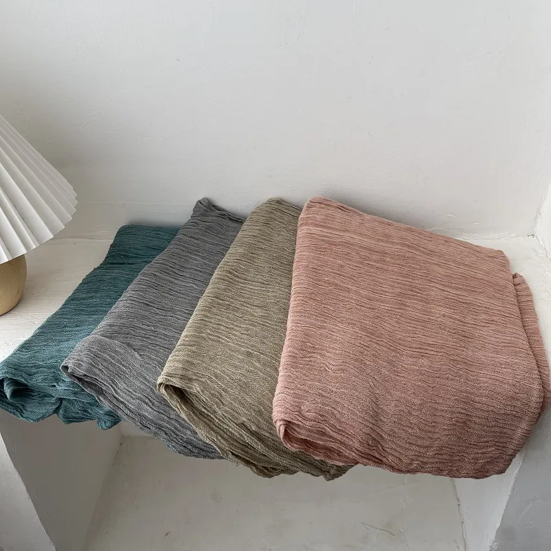 Women Pleated Scarf Soft Cotton Linen Feel Crinkle Solid Color Long Shawl Fringed Scarf For Office Air Conditioning Wear