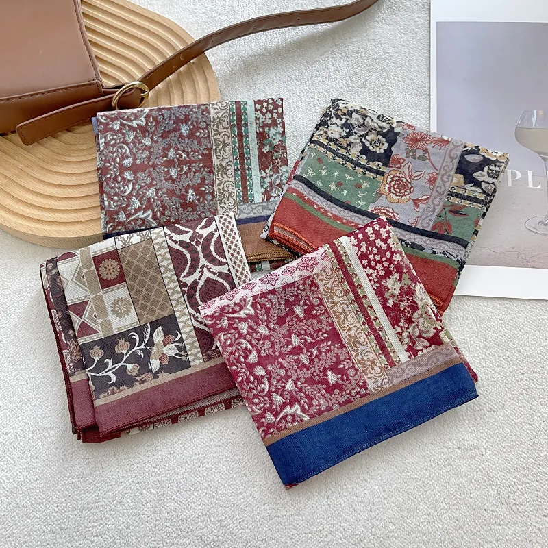 Vintage Floral Cotton Square Scarf For Women Bohemian Print Shawl Elegant Retro Splicing Headscarf Lightweight Neck Scarf