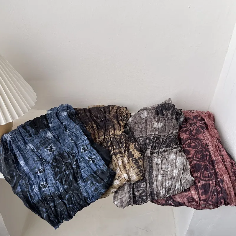 Retro Pleated Scarf For Women Artistic Tie-Dye Cotton Shawl Long Lightweight Crinkle Wrap For Spring Autumn Winter Daily
