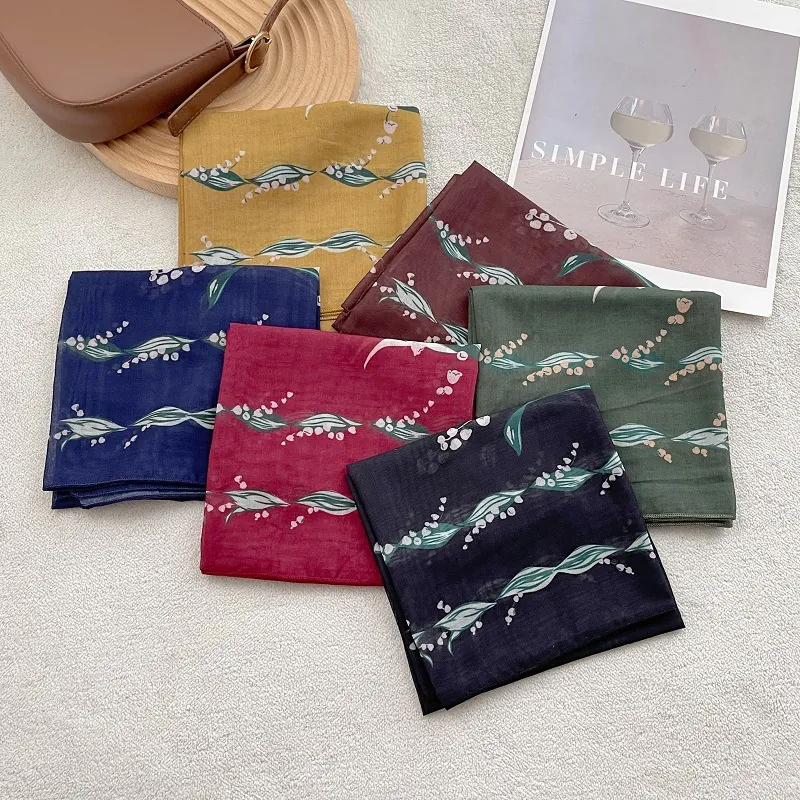 Elegant Lily Of The Valley Print Square Scarf For Women Breathable Satin Feeling Cotton Blend Neck Scarf Lightweight Headscarf