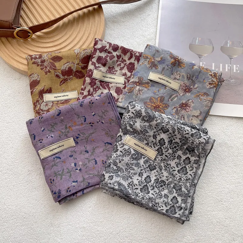 Retro Floral Print Square Scarf For Women Elegant Satin-Look Cotton Blend Neck Scarf Headscarf Fashion Hair Tie Scarf