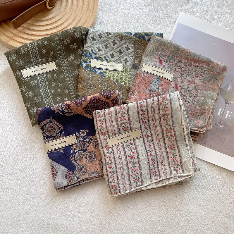 French Vintage Floral Cotton Square Scarf For Women Breathable Soft Bandana Headscarf Bohemian Paisley Print Neck Scarf Accessories