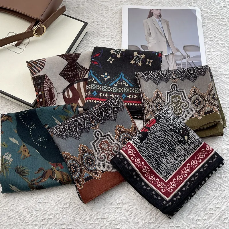 Vintage Paisley Print Cotton Square Scarf For Women Soft Breathable Equestrian Pattern Neck Kerchief Elegant Fashion Accessory