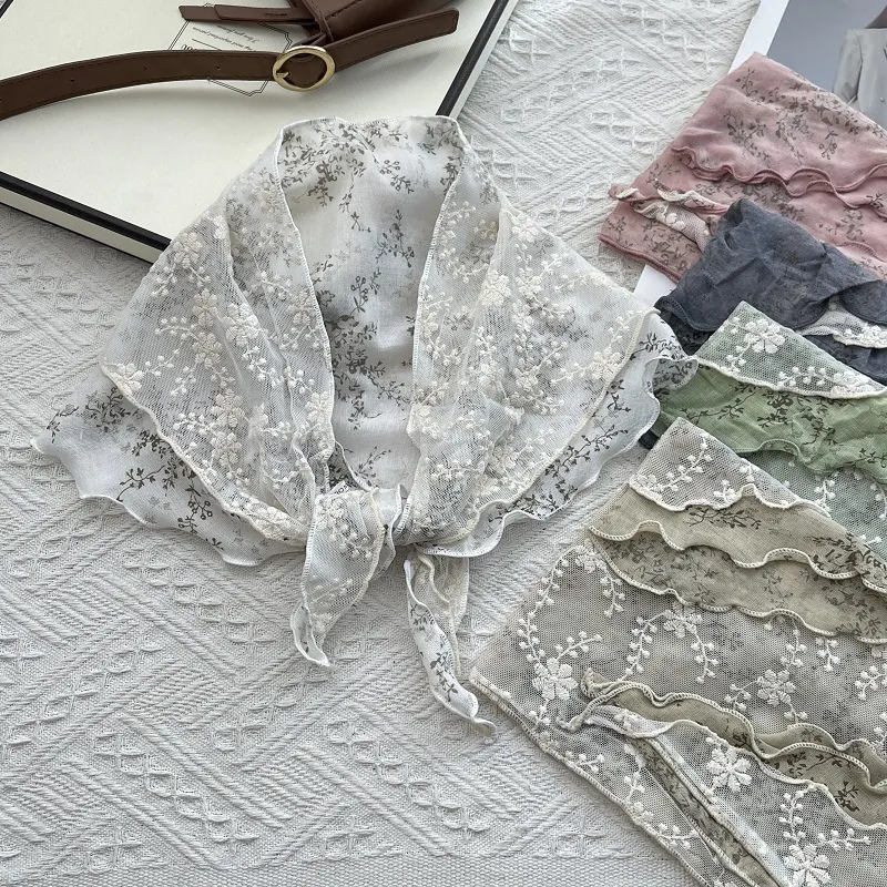Korean Style Floral Lace Embroidery Triangle Scarf Double Layer Cotton Hair Band Elegant Neckerchief For Women Sunscreen