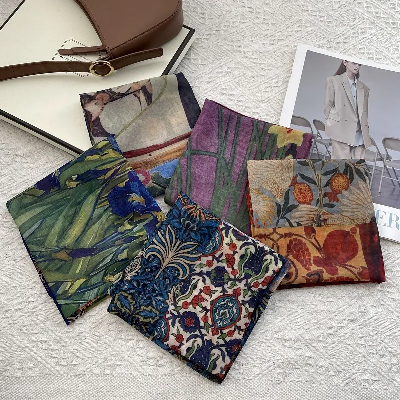 Ethnic Style Floral Print Satin Square Scarf For Women Vintage Artistic Oil Painting Silk Feel Necktie Headband Scarf