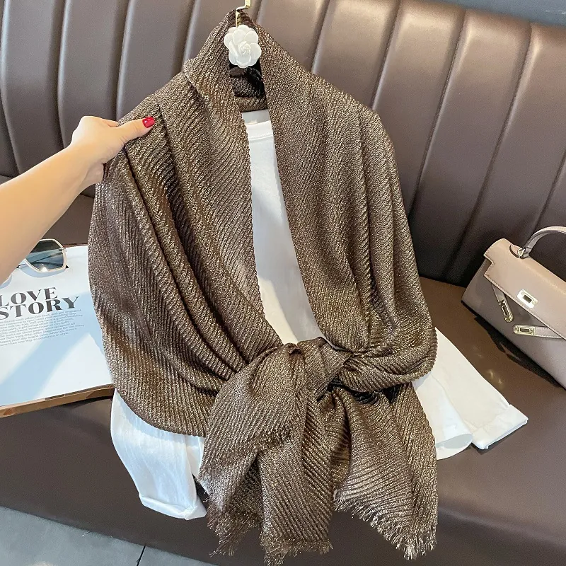 Metallic Glitter Pleated Scarf For Women Long Shawl Wrap With Tassels Versatile Luxury Fashion Accessories Elegant Scarf