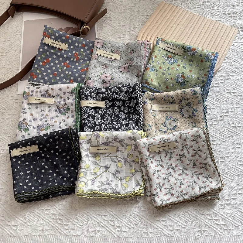 Vintage Floral Print Square Scarf For Women Cotton Blend Neck Scarf Elegant Paisley Polka Dot Pattern Bandana Headscarf