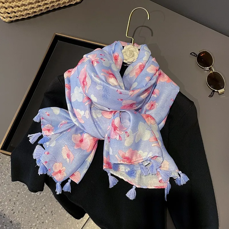 Écharpe en Coton Bleu Clair Élégante pour Femmes Imprimé Floral Orchidée Rose Châle Mince Protection Solaire Glands