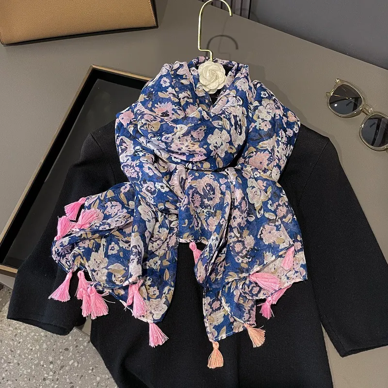 Women Thin Voile Scarf Floral Print Tassel Fringe Sun Protection Beach Shawl Vintage Ethnic Wrap Cotton Scarf For Ladies
