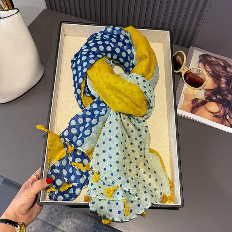 Écharpe à Imprimé Pois pour Femmes Châle de Protection Solaire avec Glands Écharpe Légère Color Block pour Plage Voyage