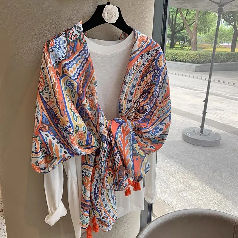 Ethnic Paisley Print Shawl Scarf For Women Vintage Tassel Travel Sun Protection Polyester Satin Long Wrap Scarf