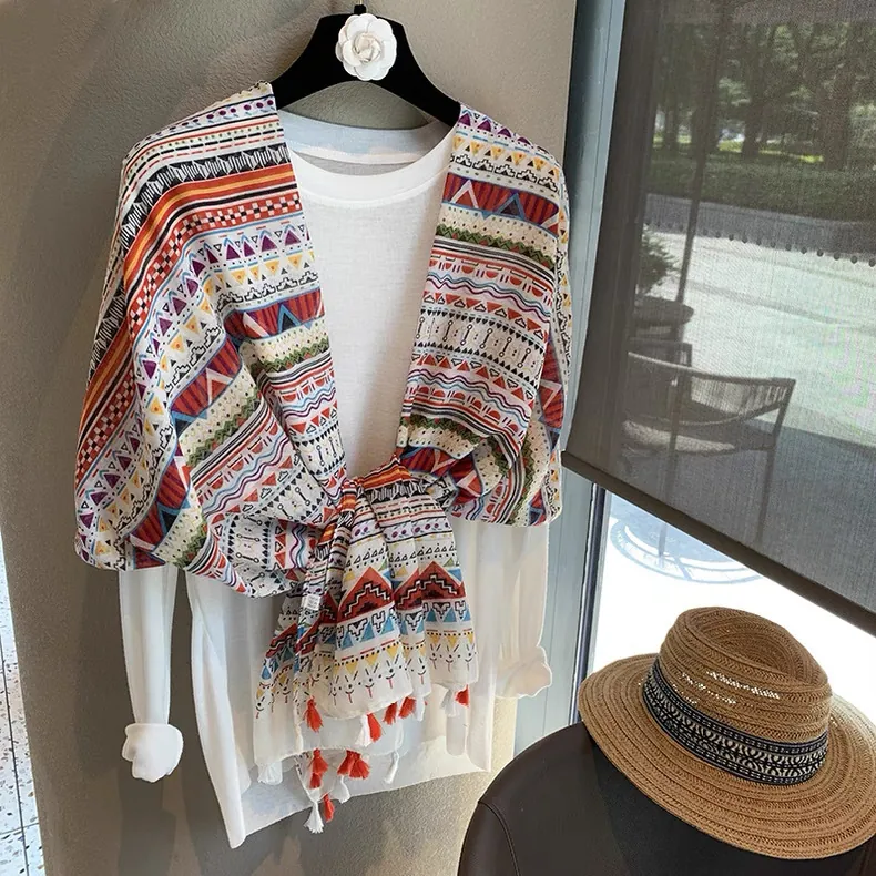 Women's Bohemian Geometric Print Scarf Shawl With Tassels Polyester Long Beach Sun Protection Scarf For Travel Daily