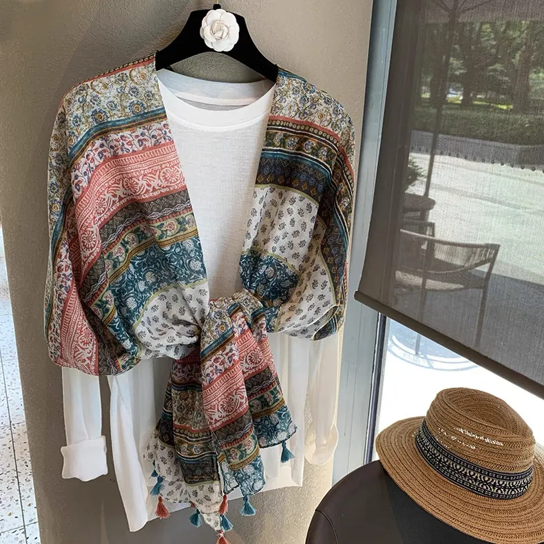 Bohemian Floral Printed Tassel Scarf For Women Lightweight Sunscreen Shawl Ethnic Style Large Versatile Beach Wrap Scarf