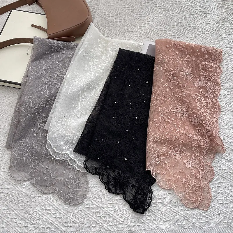 French Style Lace Floral Embroidery Scarf With Artificial Pearls Rhinestones Romantic Mesh Headband For Women Elegant Small Wrap Scarf
