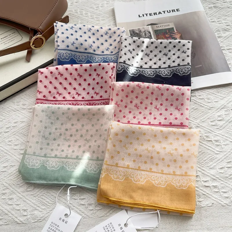 Women Japanese Style Square Scarf Polka Dot Bow Printed Headwrap Sweet Cotton Blend Neck Scarf With Lace Edge Decorative Bandanna