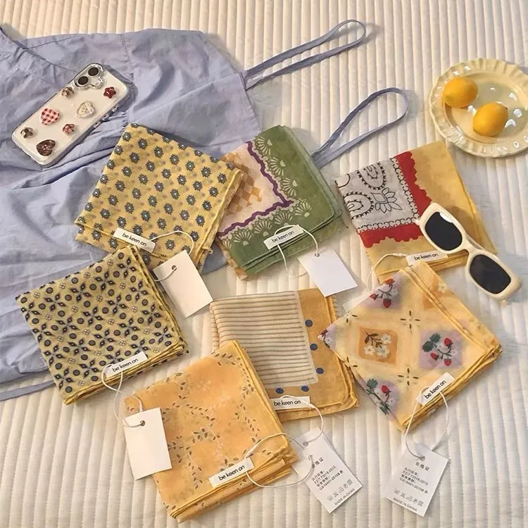 Women Vintage Cotton Square Scarf Fashion Floral Polka Dot Headscarf Sun Protection Neck Scarf Bandana Hair Tie Accessory