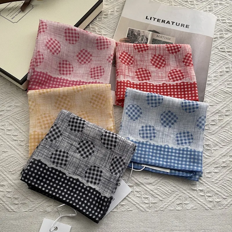 Women Cotton Plaid Polka Dot Square Scarf Soft 80s Yarn Printed Neck Scarf Decorative Headband Versatile Handkerchief Gift