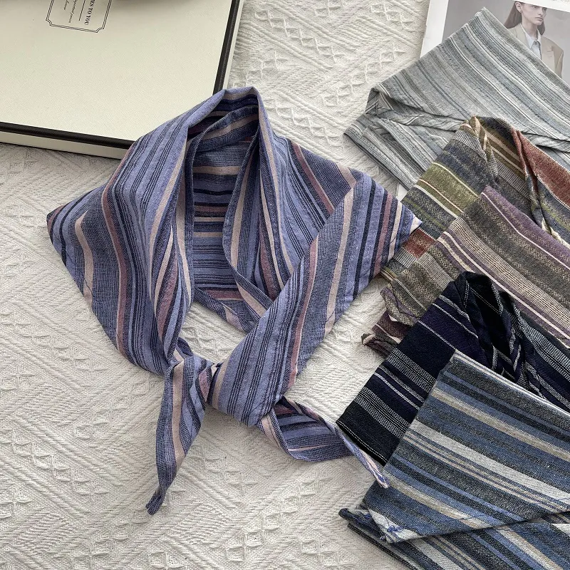 Japanese Style Striped Cotton Triangle Scarf Retro Literary Headband Neck Scarf Sun Protection Windproof Bandana For Women