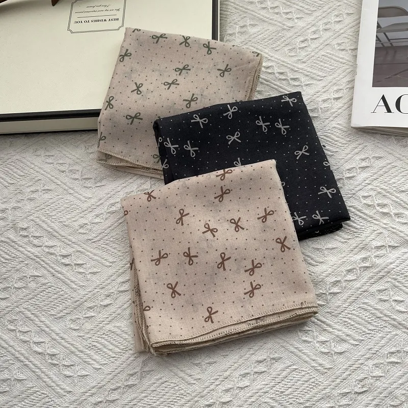 Women Polka Dot Bow Print Cotton Square Scarf Fresh Literary Retro Style Neck Scarf Elegant Headscarf Hair Band Accessory