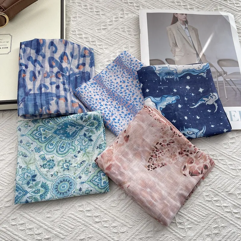 Vintage Cotton Linen Square Scarf For Women Paisley Leopard Print Neck Head Scarf Fashionable Hair Band Bandana Accessory