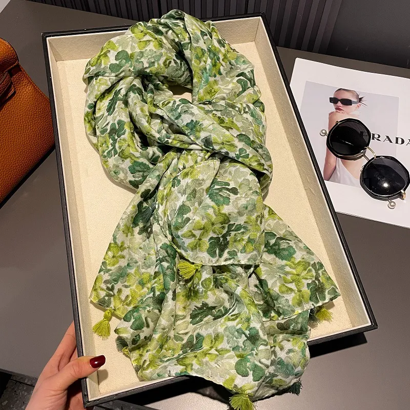 Women Floral Scarf Vintage Cotton Linen Shawl Large Thin Breathable Sunscreen Wrap With Tassels For Summer Travel Beach