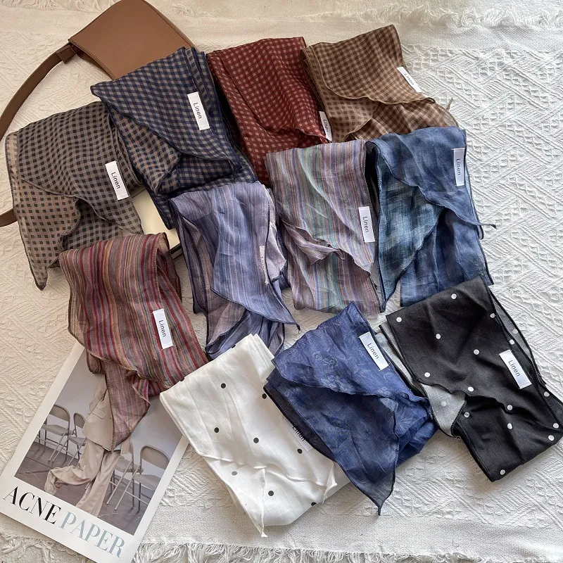 Elegant Linen Narrow Scarf For Women Striped Polka Dot Plaid Fashion Neck Tie Hair Band Decorative Ribbon Thin Shawl Wrap