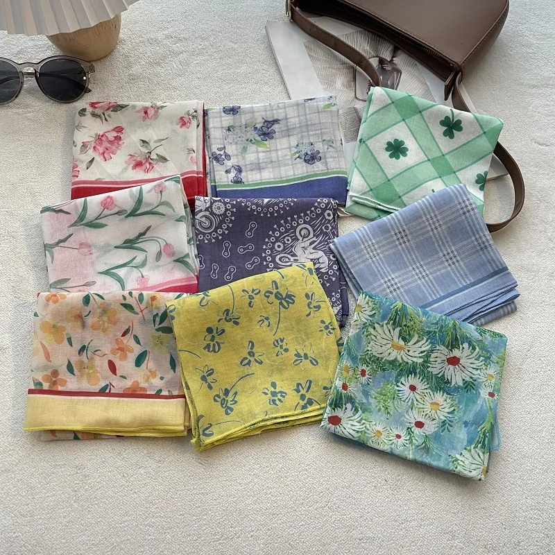 Japanese Retro Cotton Square Scarf For Women Floral Print Soft Bandana Decorative Neck Scarf Hair Wrap Headscarf For Daily