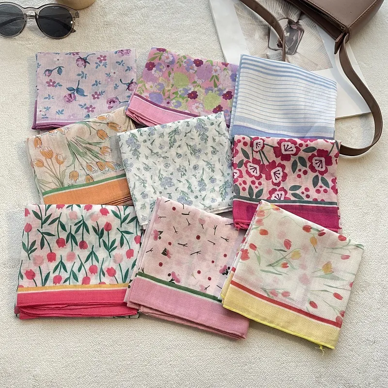 Women Vintage Cotton Floral Square Scarf Lightweight Breathable Pastoral Tulip Print Headscarf Sun Protection Neck Wrap