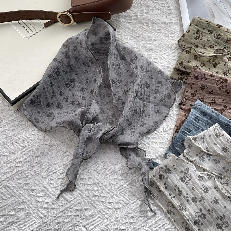 Japanese Retro Floral Cotton Linen Triangle Scarf Neckerchief Wavy Edge Lightweight Floral Neckerchief For Women Neck Scarf Hair Band