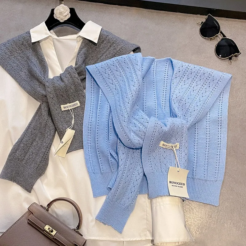 Women Solid Color Hollow Out Knitted Shawl Korean Style Shoulder Wrap Warm Acrylic Cardigan Wrap For Shirt Dress Fashion