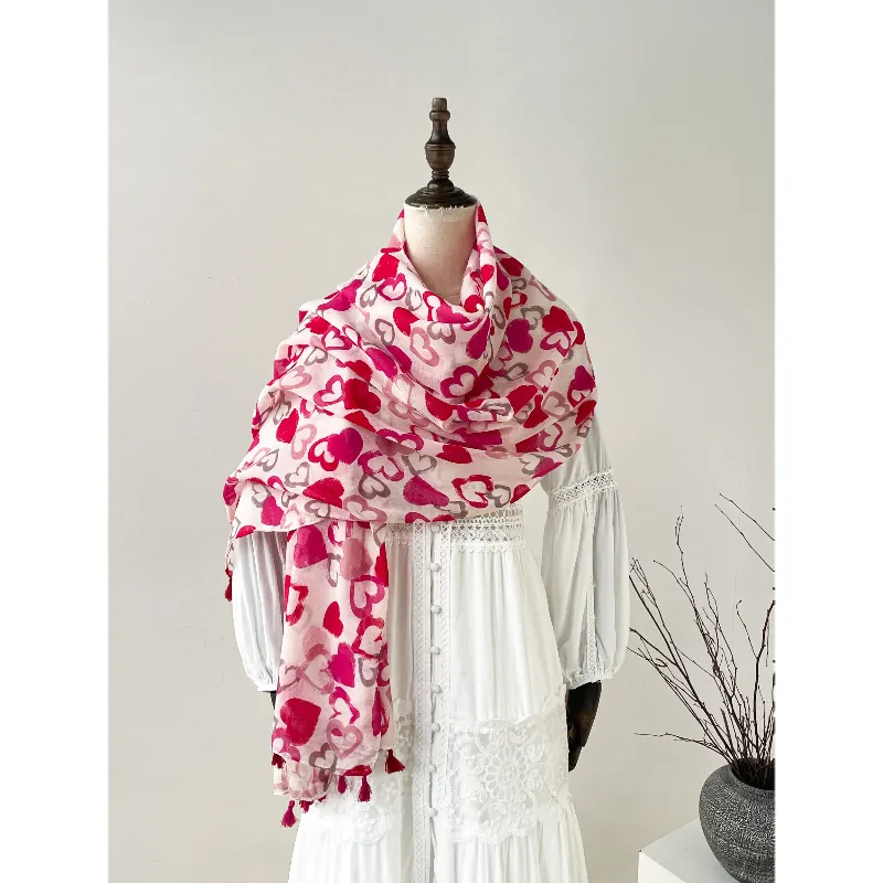 Women Heart Print Cotton Linen Scarf Long Lightweight Sun Protection Shawl With Tassels Beach Wrap Fashion Scarf For Travel